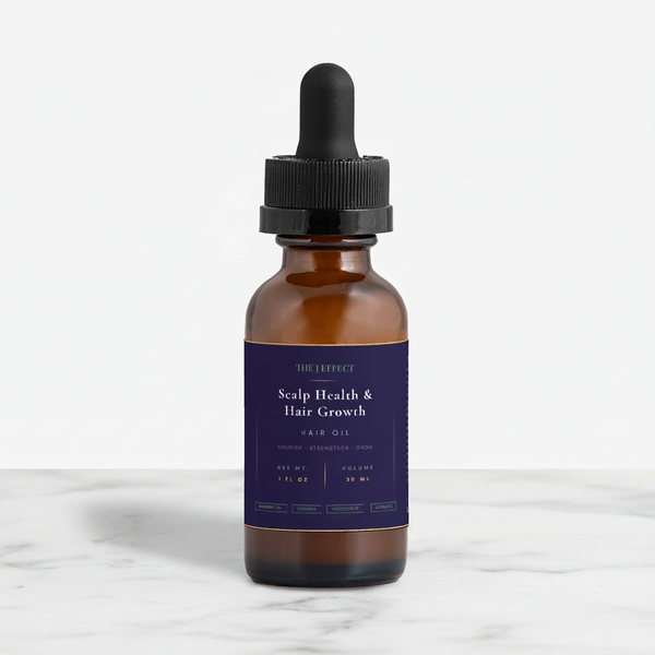 Brown glass bottle with dropper labeled 'Scalp Health & Hair Growth' on a white background